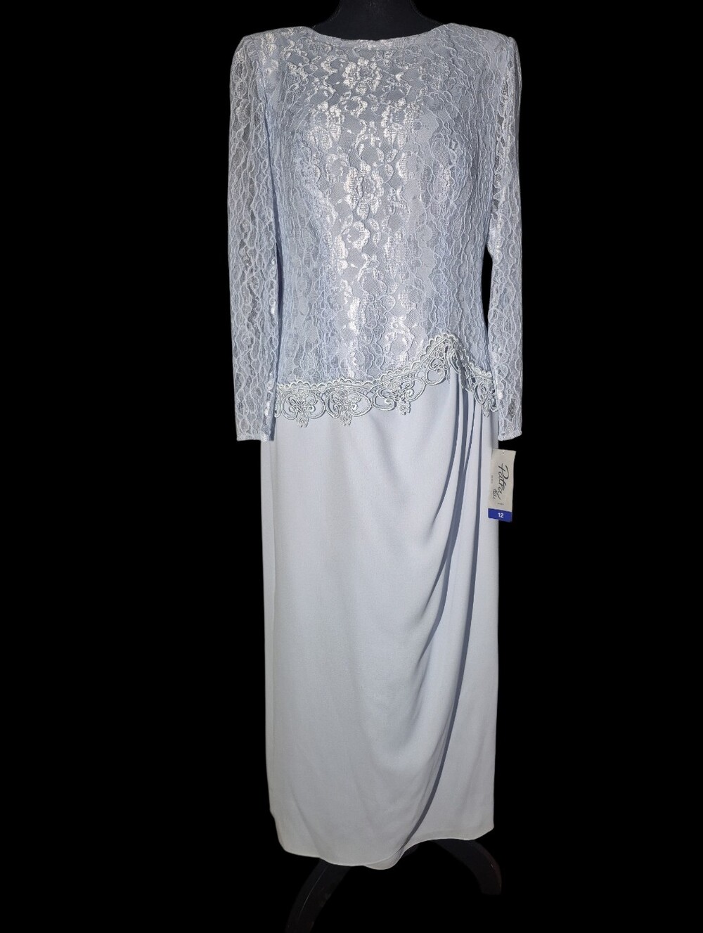 Vintage Patra Powder Blue Floral Lace Long Sleeve Scalloped Hem Maxi Dress Sz 12